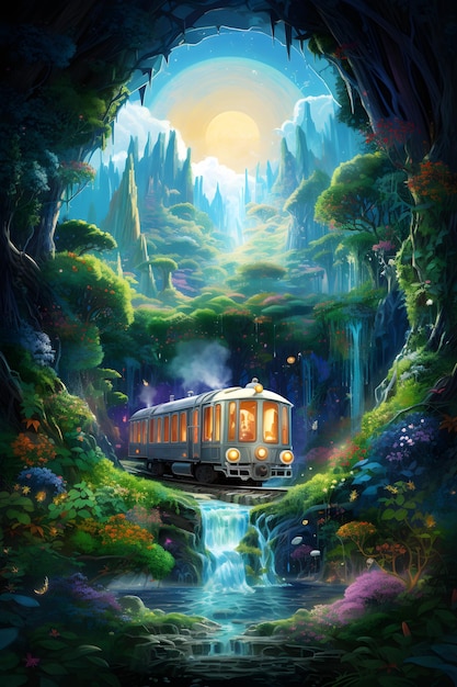 un mundo mágico con tren y champiñón