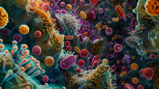 Un mundo microscópico de vibrantes bacterias giratorias que se asemejan a un paisaje urbano colorido y surrealista