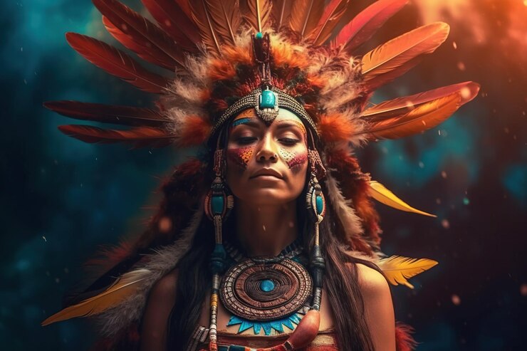 Foto mundo místico de uma linda mulher xamã nativa americana enquanto ela embarca em um ritual secreto de ayahuasca cheio de revelações espirituais maravilhosas e uma viagem psicodélica generative ai