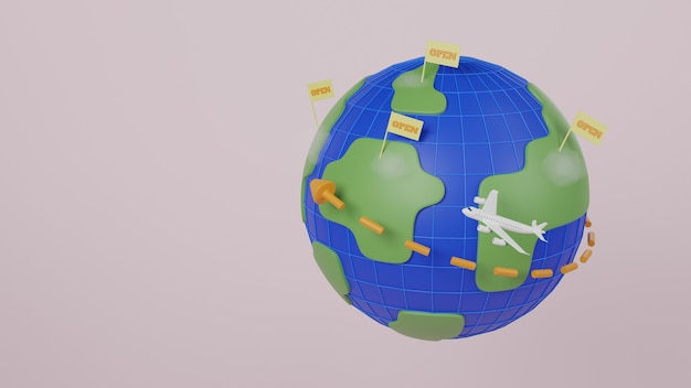 Foto mundo modelo com avião de passageiros conceito de abrir um país para o turismo depois da epidemia para estimular a economia 3d render
