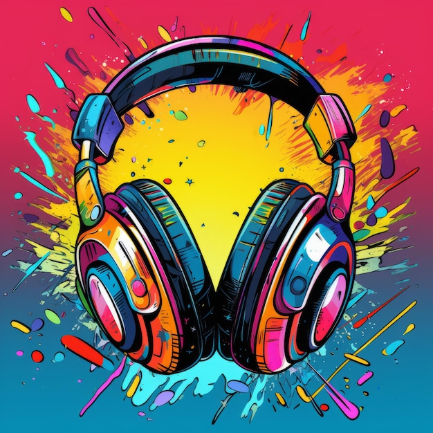 mundo de la música con estos vibrantes auriculares sobre un colorido fondo de arte pop IA generativa
