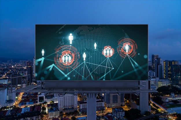 Mundo planeta Terra mapa holograma e ícones de mídia social em outdoor durante a noite vista panorâmica da cidade de Kuala Lumpur Malásia Ásia Networking e estabelecer novas conexões entre as pessoas Globo
