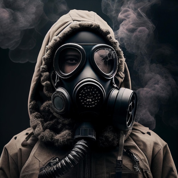 Mundo pós-apocalíptico Pessoa usando uma máscara de gás para proteger contra atmosfera tóxica Ilustração generativa de IA