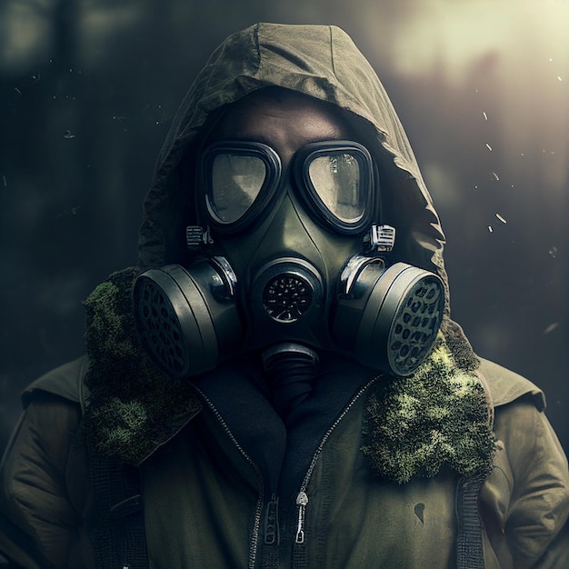 Mundo pós-apocalíptico Pessoa usando uma máscara de gás para proteger contra atmosfera tóxica Ilustração generativa de IA