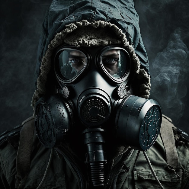 Mundo postapocalíptico Persona que usa una máscara de gas para protegerse contra la atmósfera tóxica Ilustración generativa de IA