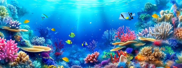 Mundo subaquático colorido de aquário náutico com banner de peixes e plantas com espaço de cópia feito com IA generativa