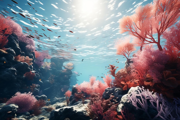 Mundo subaquático com corais tartaruga peixes oceano dentro do recife de coral tartaruga azul lagoa mundo aquático formações de corais animais vida marinha criaturas aquáticas personagens da água imensidão do mar