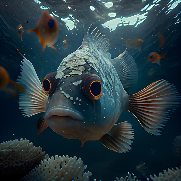 Mundo subaquático com ilustração 3d de peixes e corais