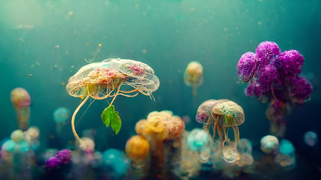 mundo subaquático com medusas e plantas realistas