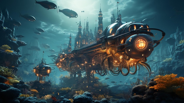 mundo subaquático com tema steampunk e criaturas marinhas mecânicas