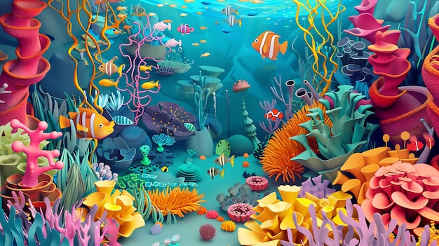 Mundo subaquático com vários tipos de corais e peixes ilustração 3D