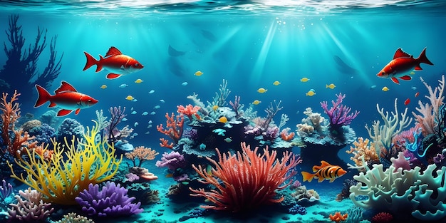 Mundo subaquático fantástico com peixes e algas ilustrado em várias cores