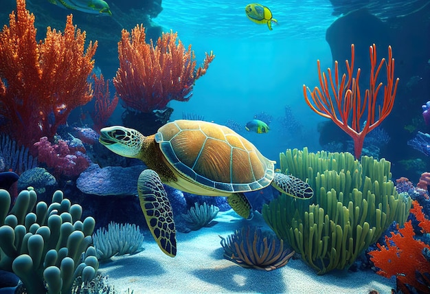Mundo subaquático Ilustração de tartaruga IA generativa