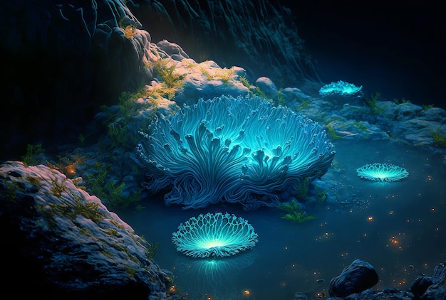 Mundo subaquático mágico com corais coloridos