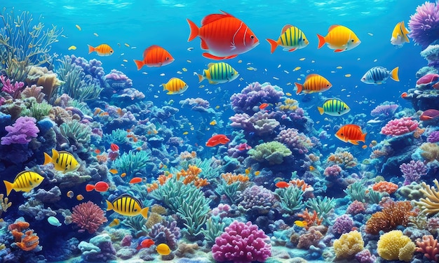 Mundo subaquático Recifes de corais e peixes Animais do mundo marinho subaquático Ecossistema Peixes tropicais coloridos Vida em recifes de coral IA generativa