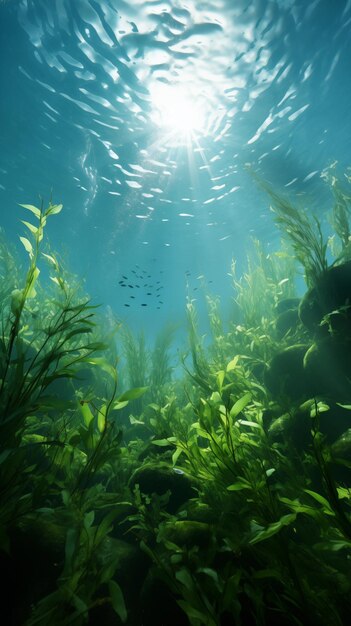 Foto el mundo submarino de las algas plantas acuáticas largas rayos del sol a través del agua lugar para el texto