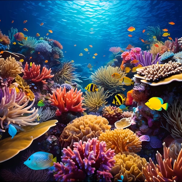 Mundo submarino Arrecife de coral y peces en el mar generado por ai