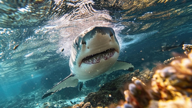 Un mundo submarino de belleza amenazante con el depredador tiburón, una visión cautivadora del feroz, poderoso y misterioso reino de la vida marina, donde el peligro y la elegancia coexisten.