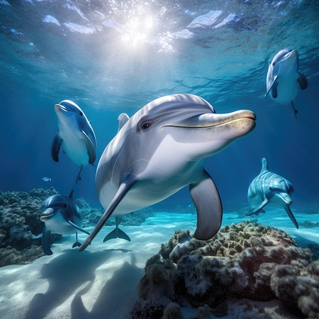 Mundo submarino con una juguetona manada de delfines