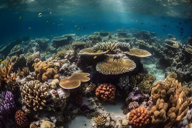 Mundo submarino lleno de coloridos arrecifes de coral y criaturas marinas exóticas, perfecto para su uso en materiales educativos o folletos de viajes ai generativa