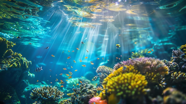 Un mundo submarino lleno de vida peces coloridos nadan cerca de un hermoso arrecife de coral en el océano azul claro