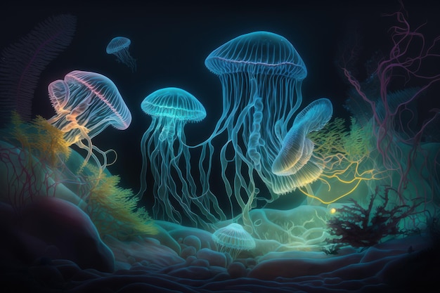 Mundo submarino Medusas bioluminiscentes en el fondo del mar con algas y corales Ilustración fotorrealista IA generativa