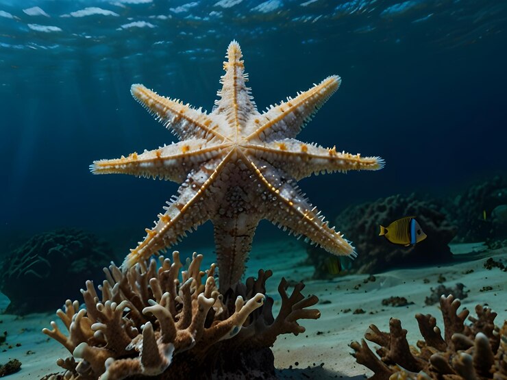 Mundo submarino con peces estrella y mar al aire libre