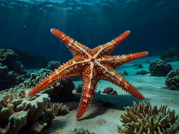 Mundo submarino con peces estrella y mar al aire libre
