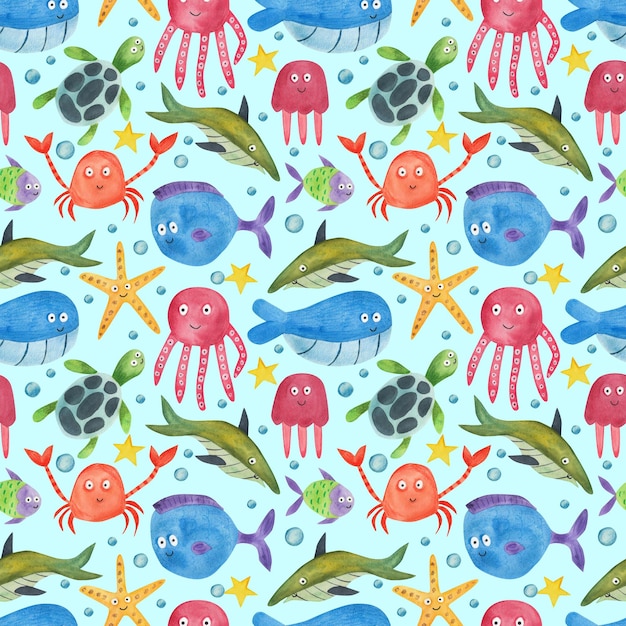 Mundo submarino pulpo medusa ballena pez patrón sin costuras acuarela ilustración al estilo de dibujos animados texturas lindas para textiles para bebés diseño de tela papel tapiz de scrapbooking, etc.