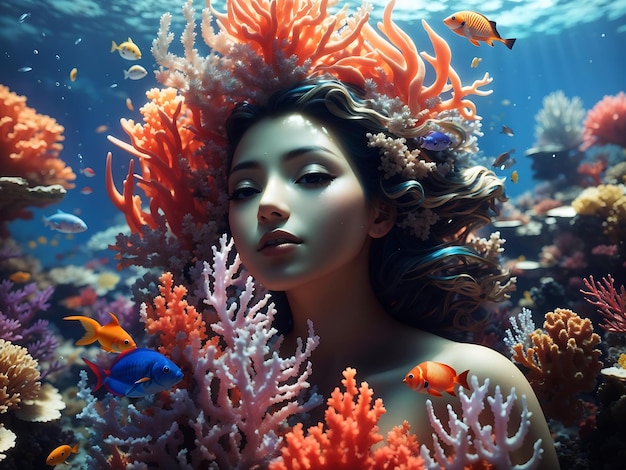 Un mundo submarino surrealista con vibrantes arrecifes de coral y exóticas criaturas marinas.