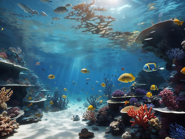 Un mundo submarino surrealista con vibrantes arrecifes de coral y exóticas criaturas marinas.
