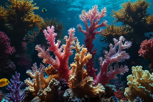 Un mundo surrealista de arrecifes de coral submarinos con corales y jaleas de colores