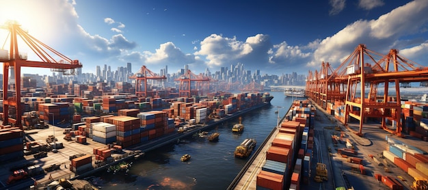 mundo de los transportes marítimos Representa un puerto bullicioso con buques de carga de varios tamaños y tipos cargando y descargando mercancías con grúasGenerado con IA