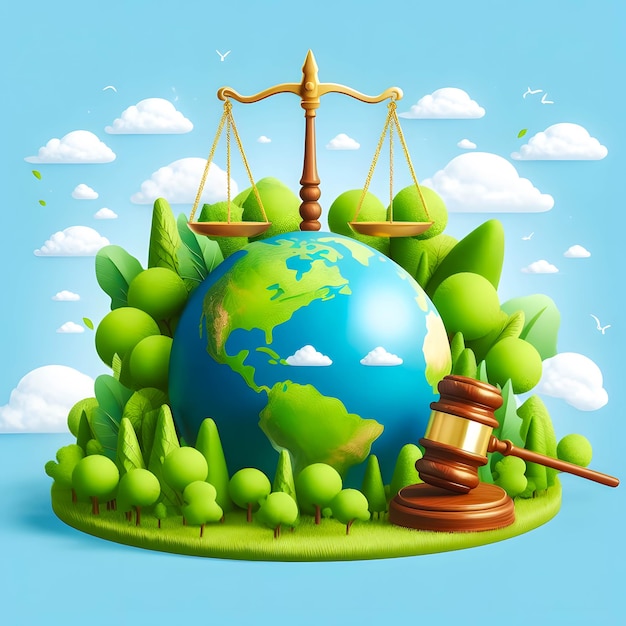 Mundo verde y martillo con la balanza de la justicia