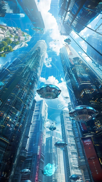 Mundo virtual arranha-céus atingindo o céu carros flutuantes transportando pessoas conexão hivemind sociedade utópica rastreamento vista de tiro