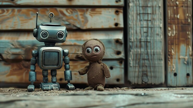 Foto mundos en contraste un robot moderno se encuentra con el encanto rústico