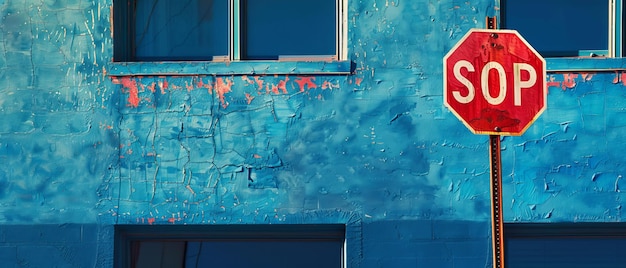 Mundos em contraste O vermelho stop contra o edifício azul