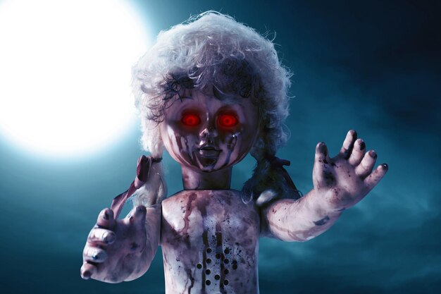 Muñeca aterradora y sangrienta con ojos rojos.