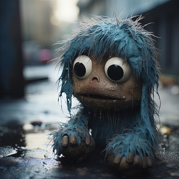 una muñeca azul con una nariz marrón y una nariz Marrón está sentada en un piso húmedo