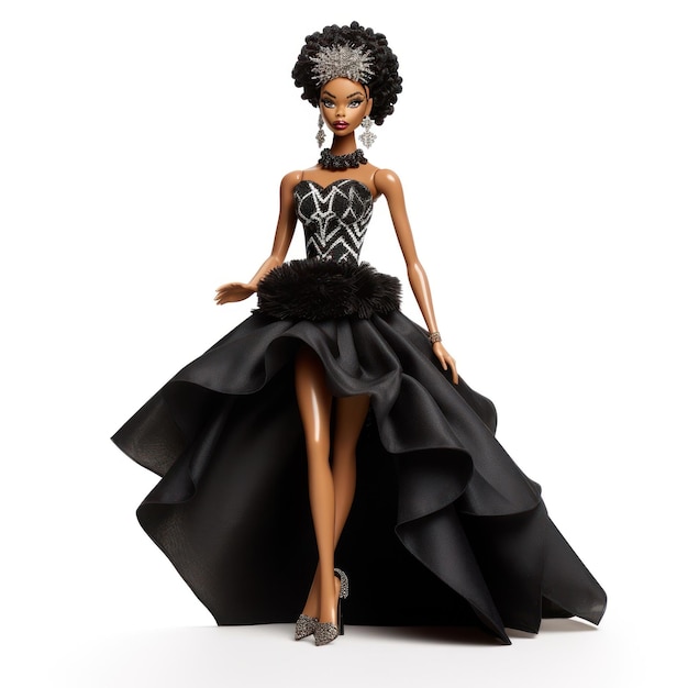 Una muñeca Barbie en blanco y negro lleva un vestido blanco y negro con una falda negra y un vestido negro.