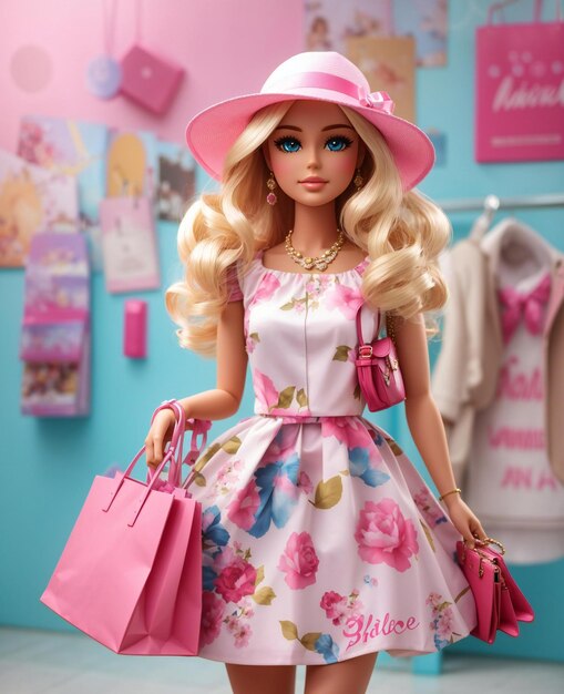 Muñeca Barbie con una bolsa rosa y una bolsa rosa