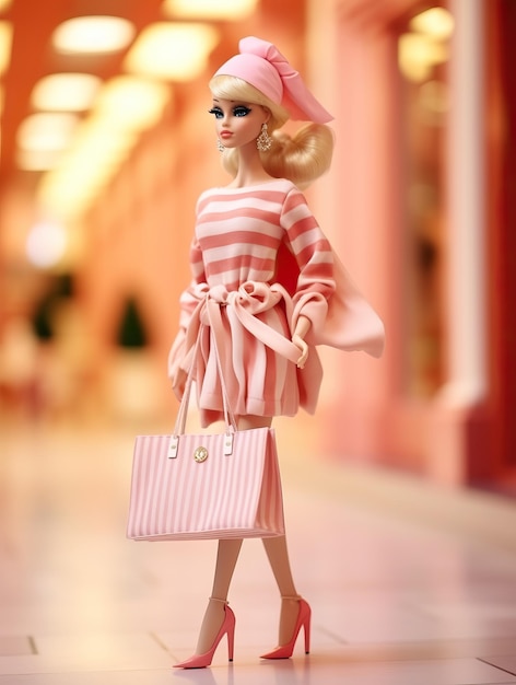 Foto muñeca barbie con bolsas de compras foto de stock en el estilo de fotos de alta calidad de tonos pastel a rayas