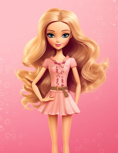 Foto muñeca barbie con cabello rubio y vestido rosa en fondo rosa generativo ai