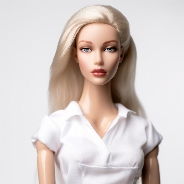 una muñeca barbie con una camiseta blanca y una camiseta blanca.