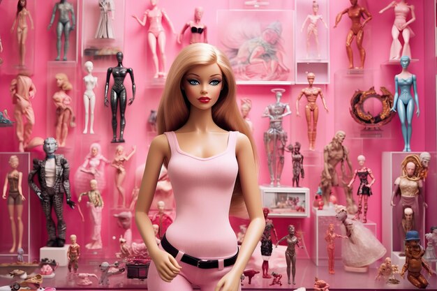 Foto una muñeca barbie con una camiseta rosa y un cinturón negro.