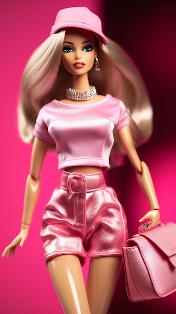 Una muñeca Barbie con una camiseta rosa con un cinturón que dice Barbie.