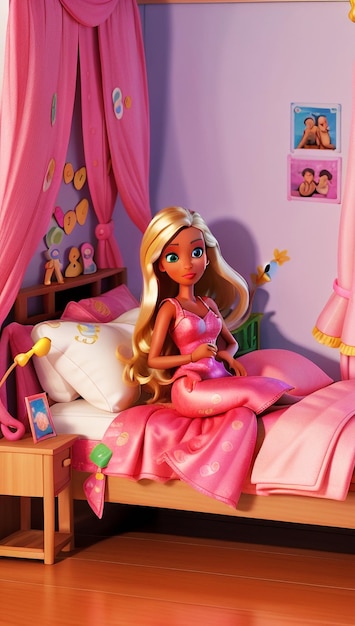 Foto muñeca barbie en el dormitorio.