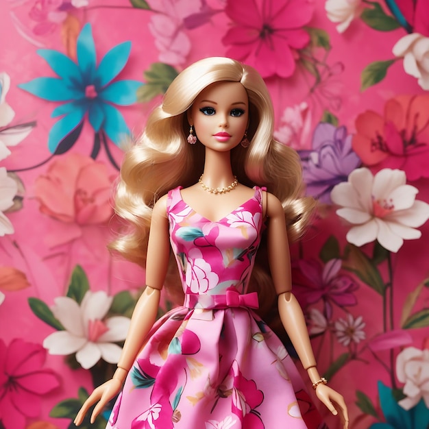 Una muñeca Barbie con un dulce look femenino con un vestido rosa Ai Generated