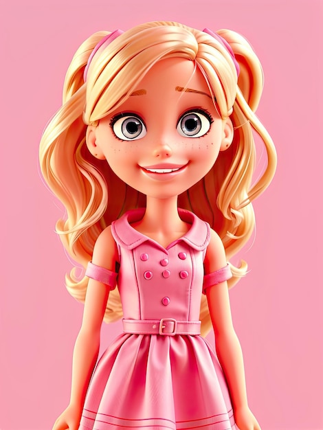 La muñeca Barbie es una chica rubia linda con un diseño de fondo de papel pintado rosado.