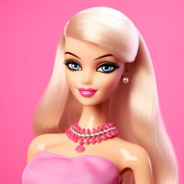 Foto la muñeca barbie es un retrato en primer plano sobre un fondo rosa.